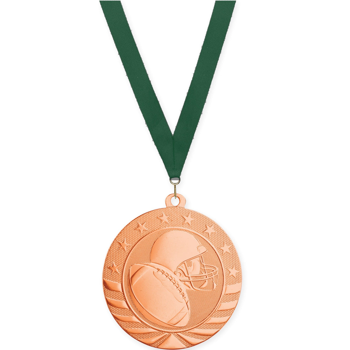 2 3/4 inch football Starbrite medal in bright bronze with Hunter Green neck ribbon