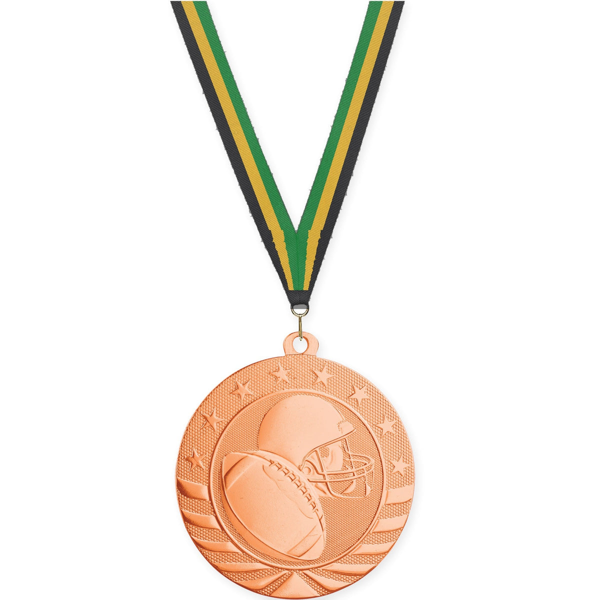 2 3/4 inch football Starbrite medal in bright bronze with Black Gold Green neck ribbon