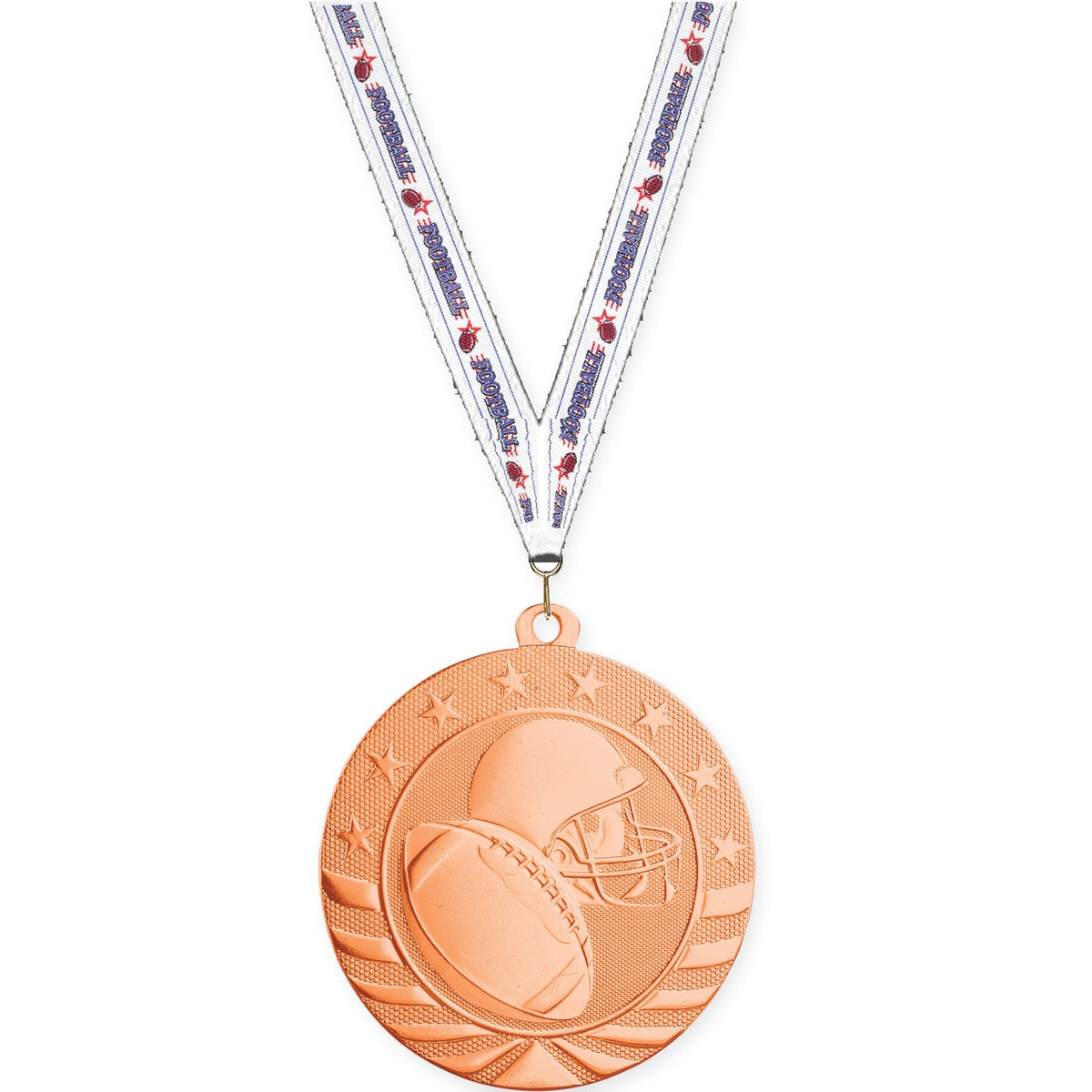 2 3/4 inch football Starbrite medal in bright bronze with Football neck ribbon