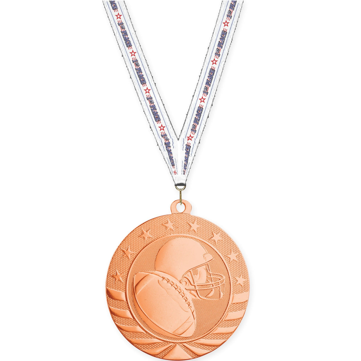 2 3/4 inch football Starbrite medal in bright bronze with 1st Place neck ribbon
