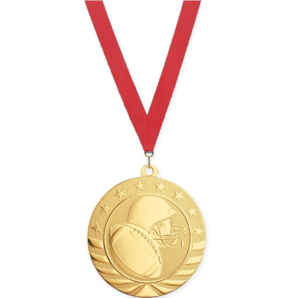 2 3/4 inch football Starbrite medal in bright gold with Red neck ribbon