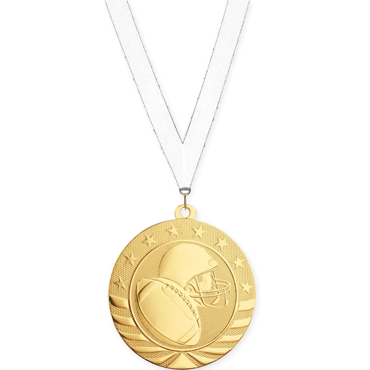 2 3/4 inch football Starbrite medal in bright gold with White neck ribbon