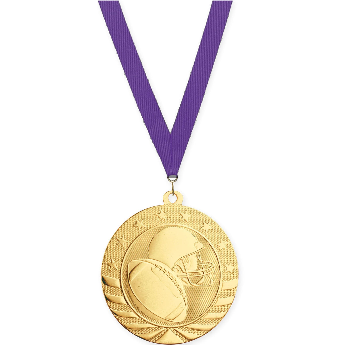 2 3/4 inch football Starbrite medal in bright gold with Purple neck ribbon