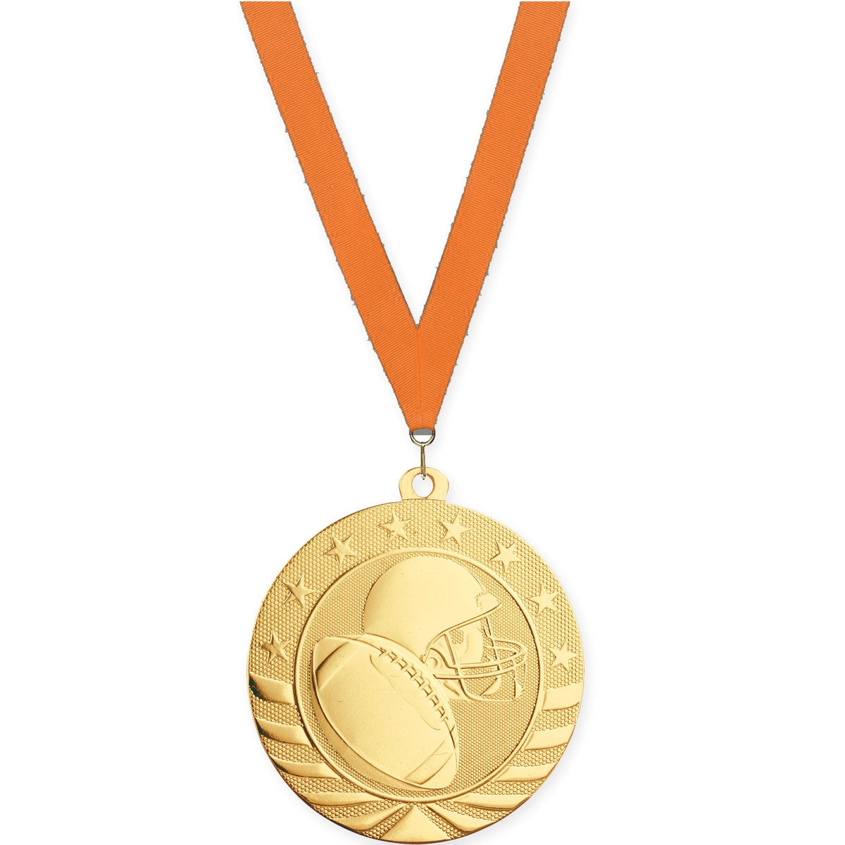 2 3/4 inch football Starbrite medal in bright gold with Orange neck ribbon
