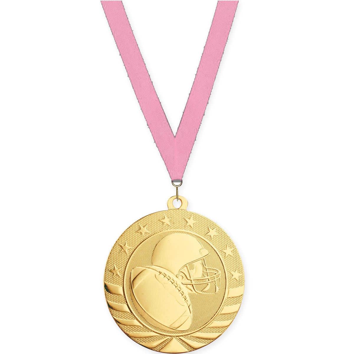 2 3/4 inch football Starbrite medal in bright gold with Pink neck ribbon