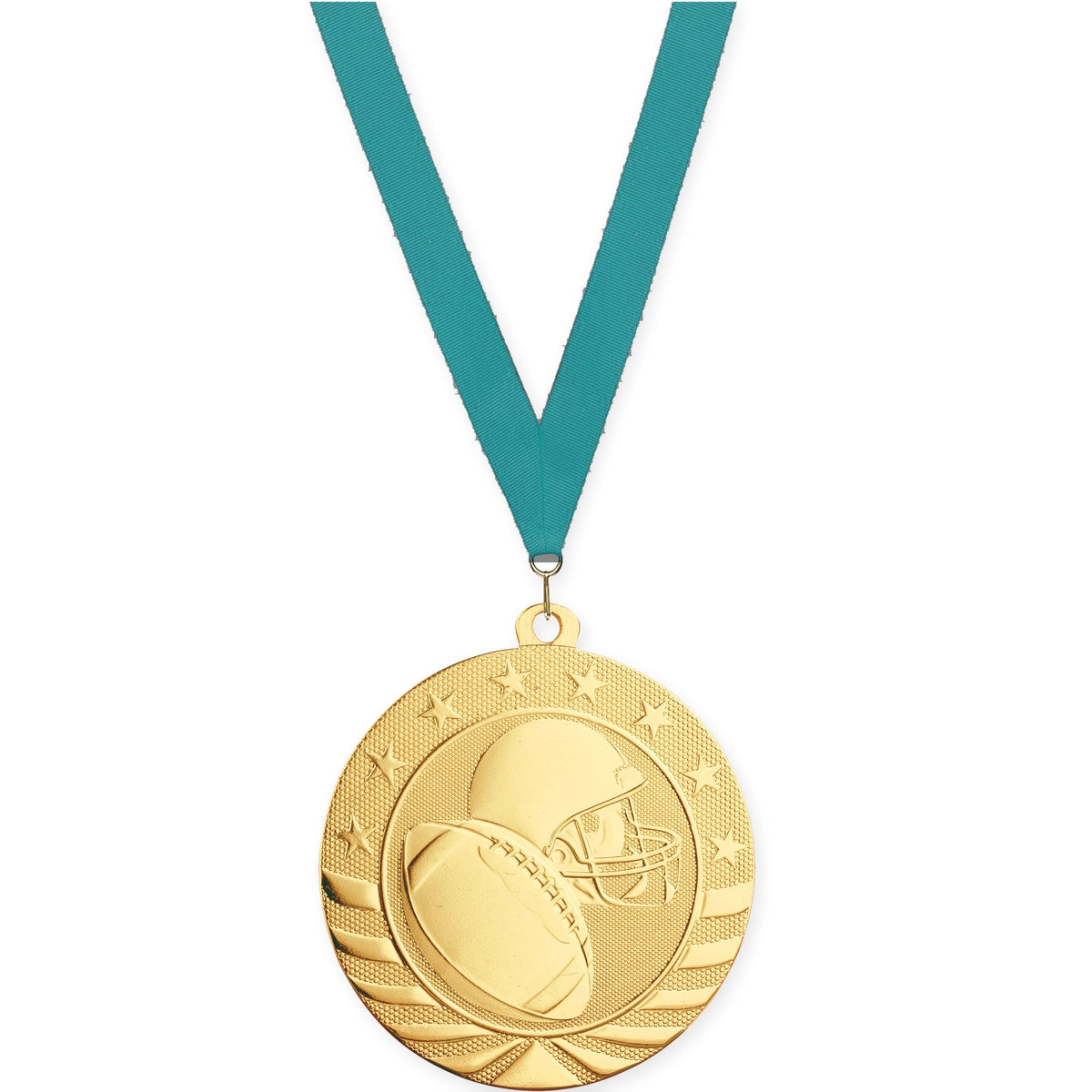 2 3/4 inch football Starbrite medal in bright gold with Teal neck ribbon