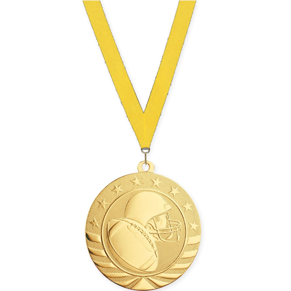 2 3/4 inch football Starbrite medal in bright gold with Yellow neck ribbon