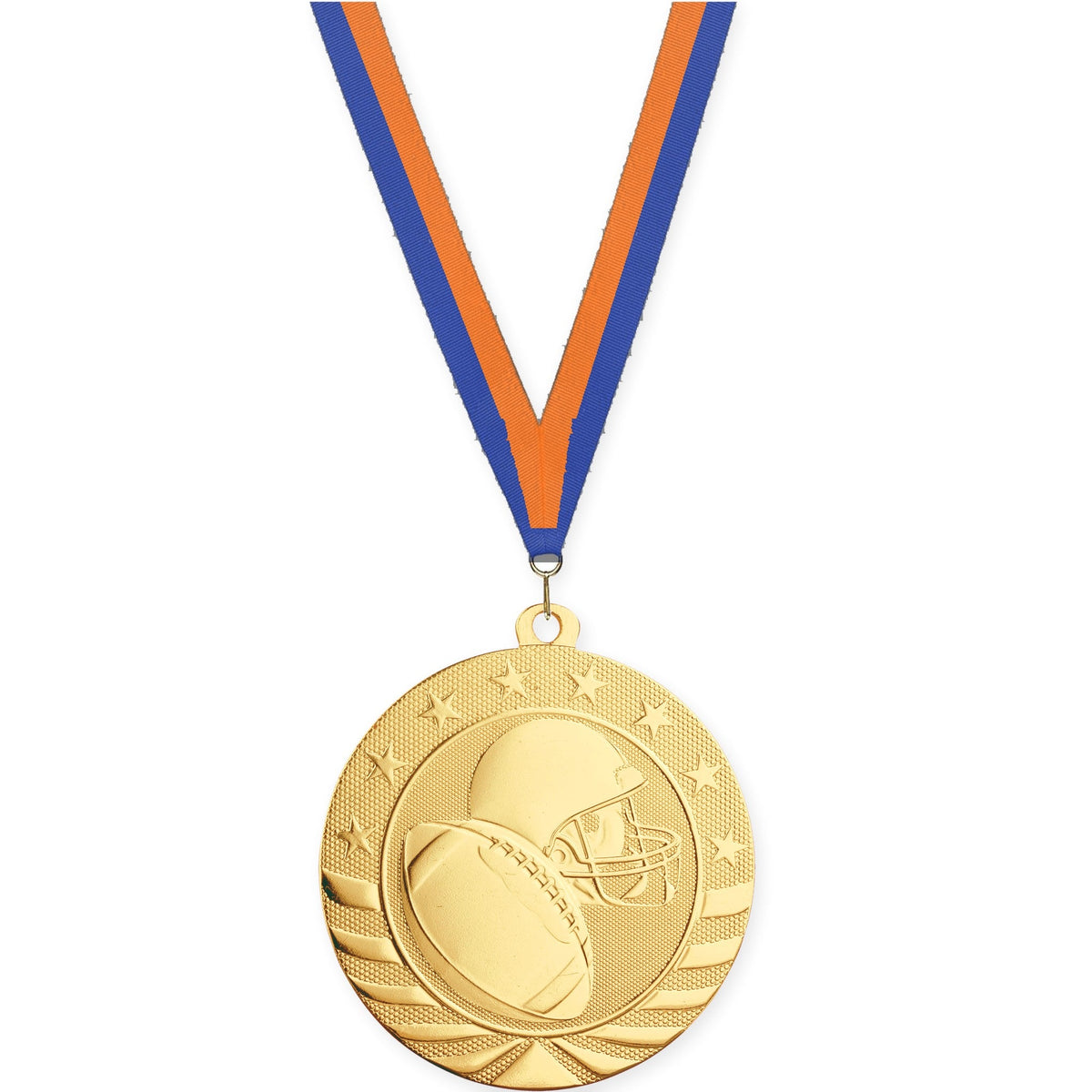 2 3/4 inch football Starbrite medal in bright gold with Blue Orange neck ribbon