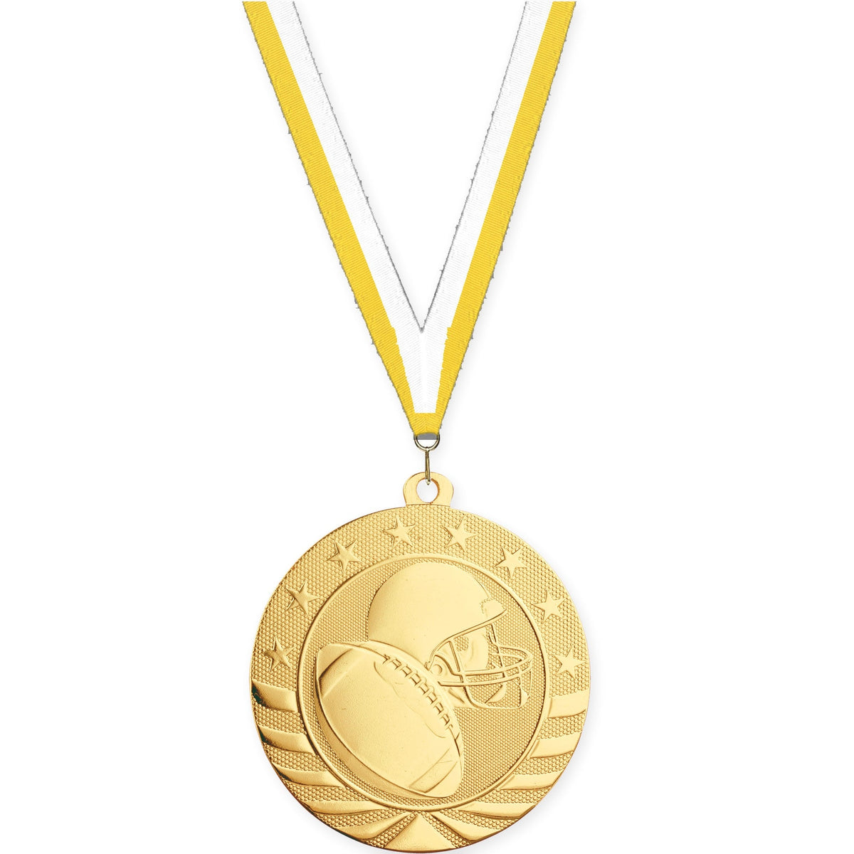 2 3/4 inch football Starbrite medal in bright gold with Yellow White neck ribbon