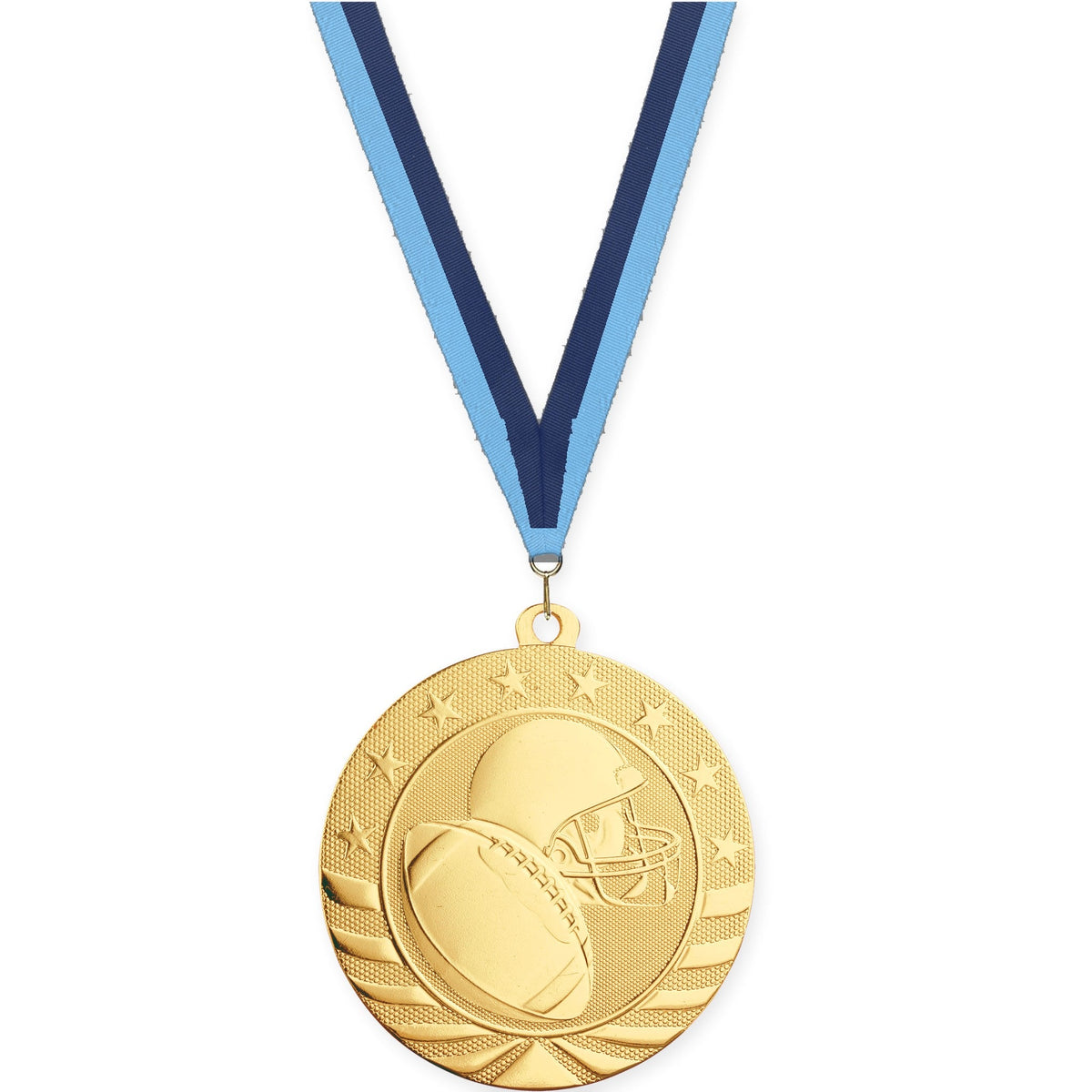 2 3/4 inch football Starbrite medal in bright gold with Light Blue Navy neck ribbon