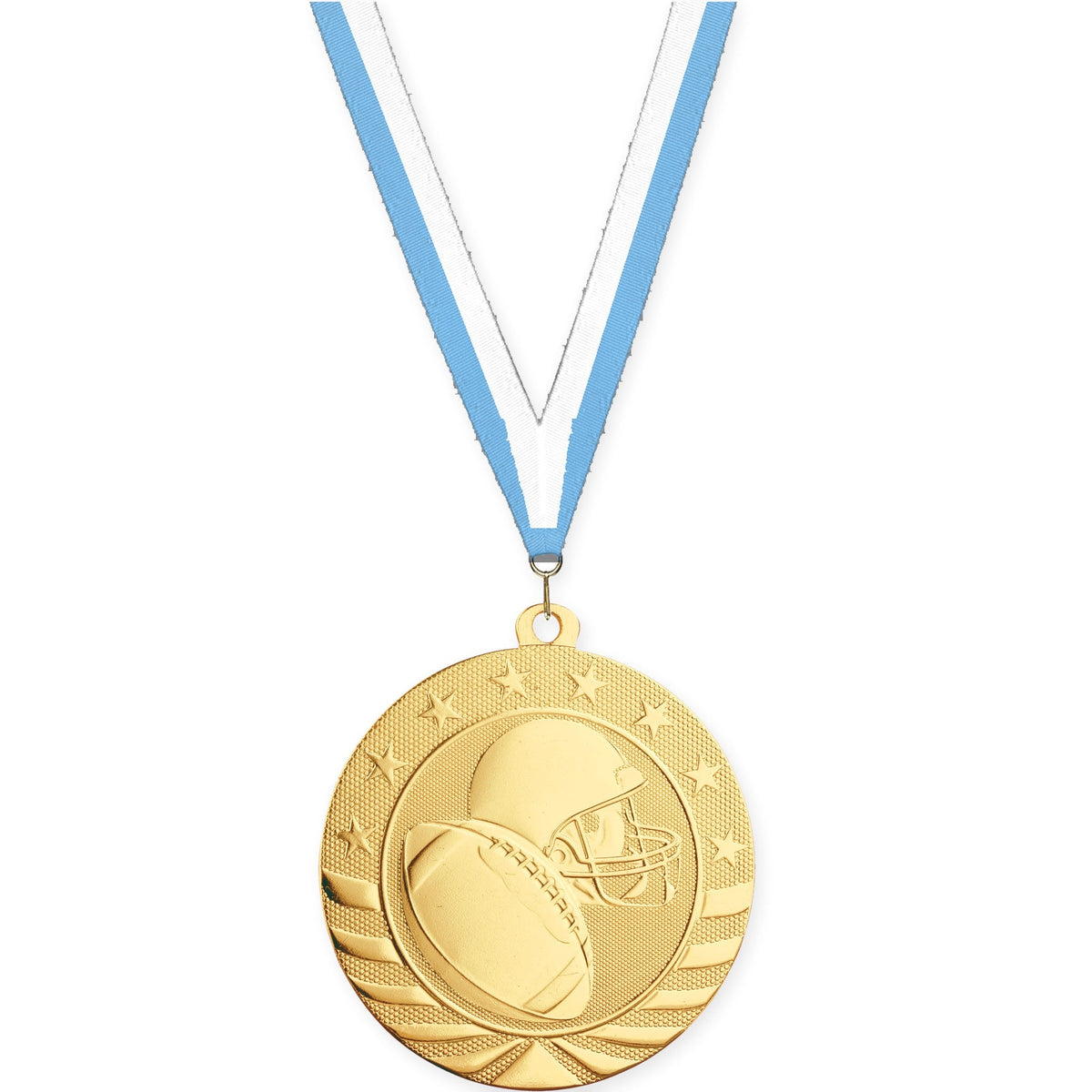 2 3/4 inch football Starbrite medal in bright gold with Light Blue White neck ribbon