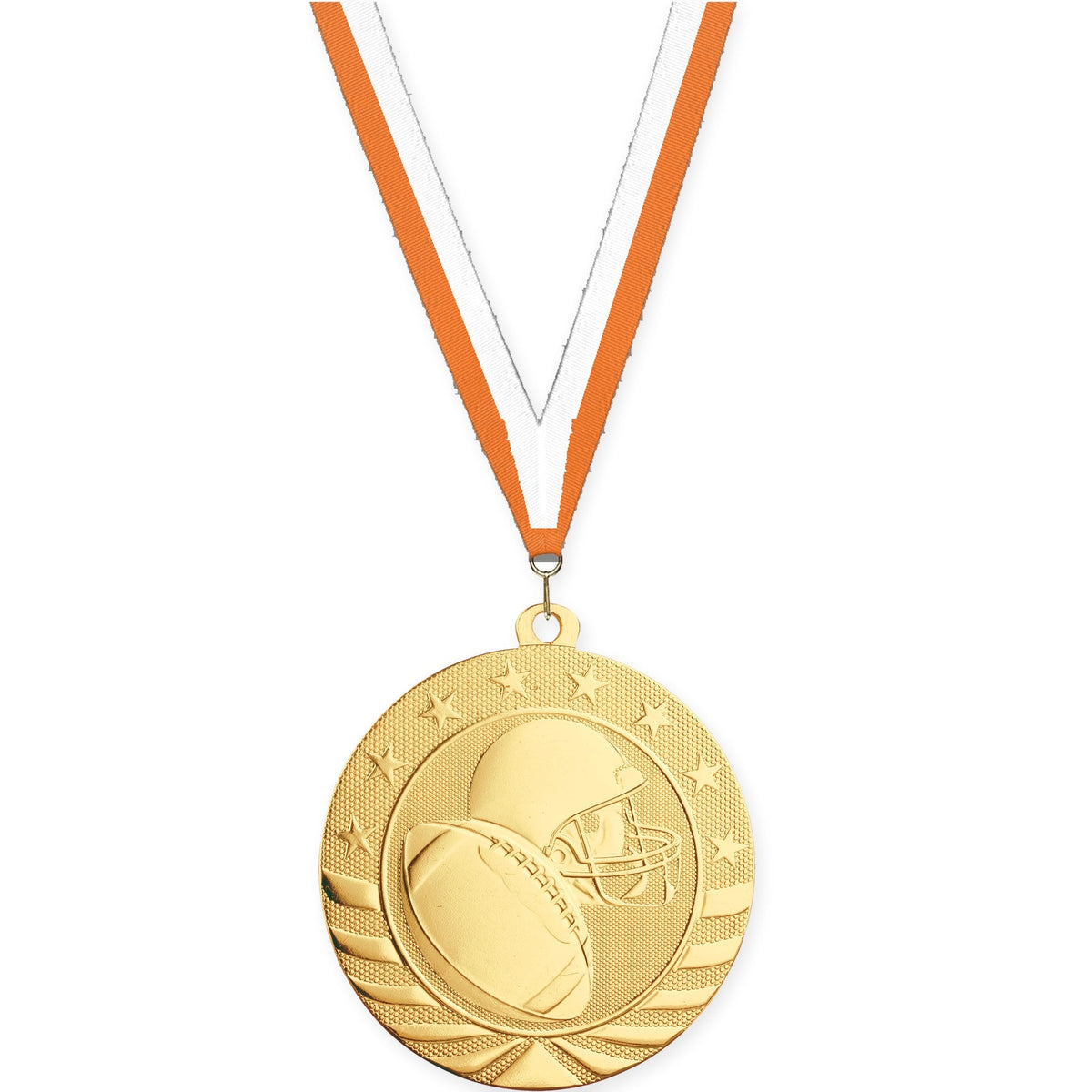 2 3/4 inch football Starbrite medal in bright gold with Orange White neck ribbon