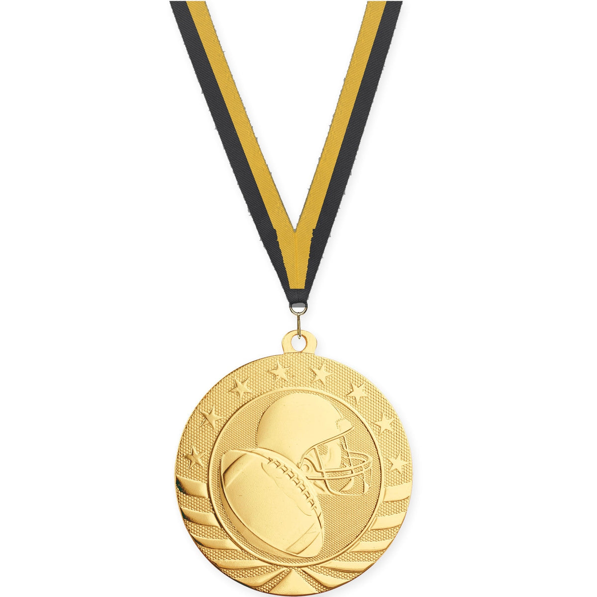 2 3/4 inch football Starbrite medal in bright gold with Black Gold neck ribbon