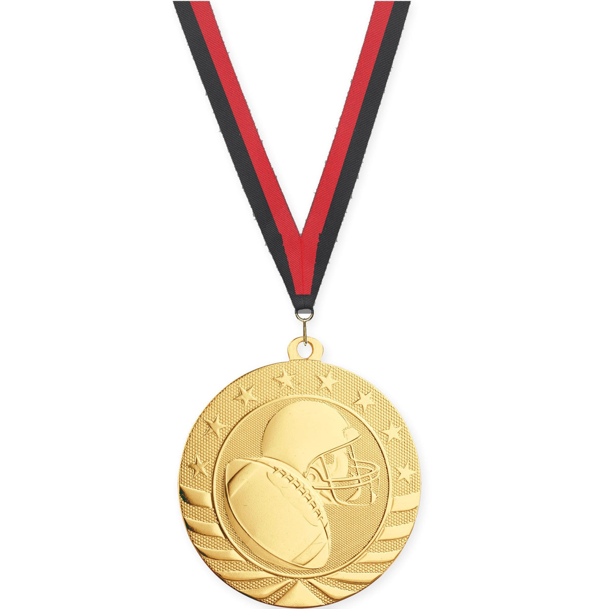 2 3/4 inch football Starbrite medal in bright gold with Black Red neck ribbon
