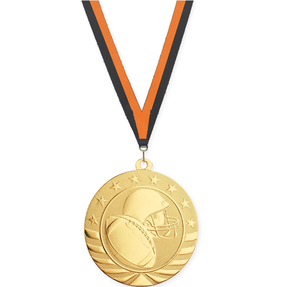 2 3/4 inch football Starbrite medal in bright gold with Black Orange neck ribbon