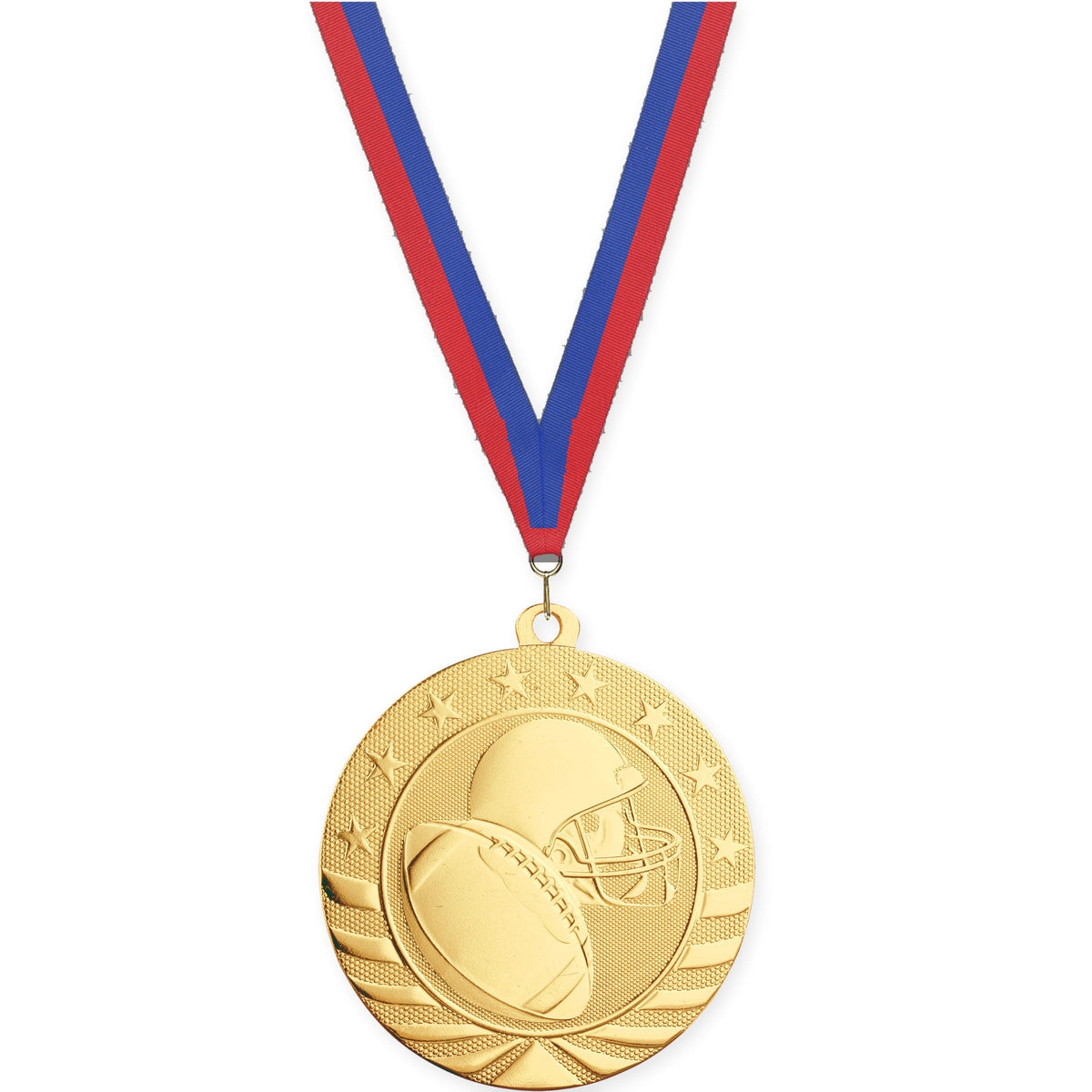 2 3/4 inch football Starbrite medal in bright gold with Blue Red neck ribbon