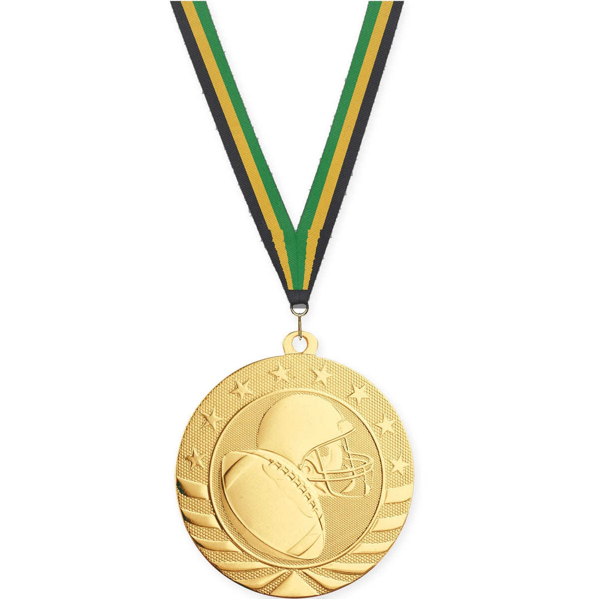 2 3/4 inch football Starbrite medal in bright gold with Black Gold Green neck ribbon