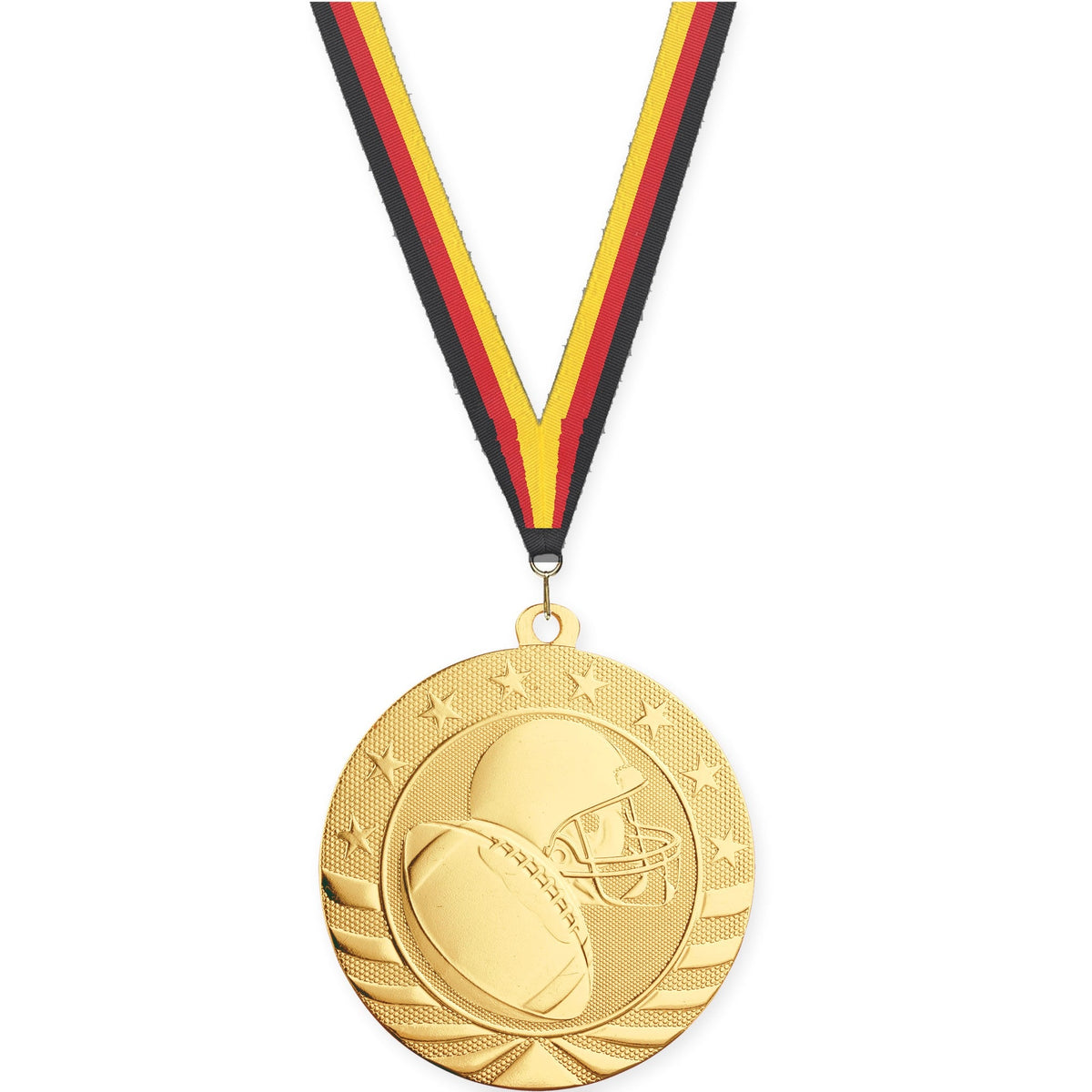 2 3/4 inch football Starbrite medal in bright gold with Black Red Yellow neck ribbon