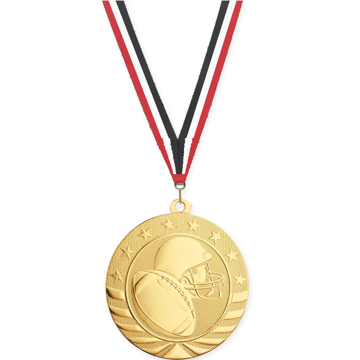 2 3/4 inch football Starbrite medal in bright gold with Red White Black neck ribbon