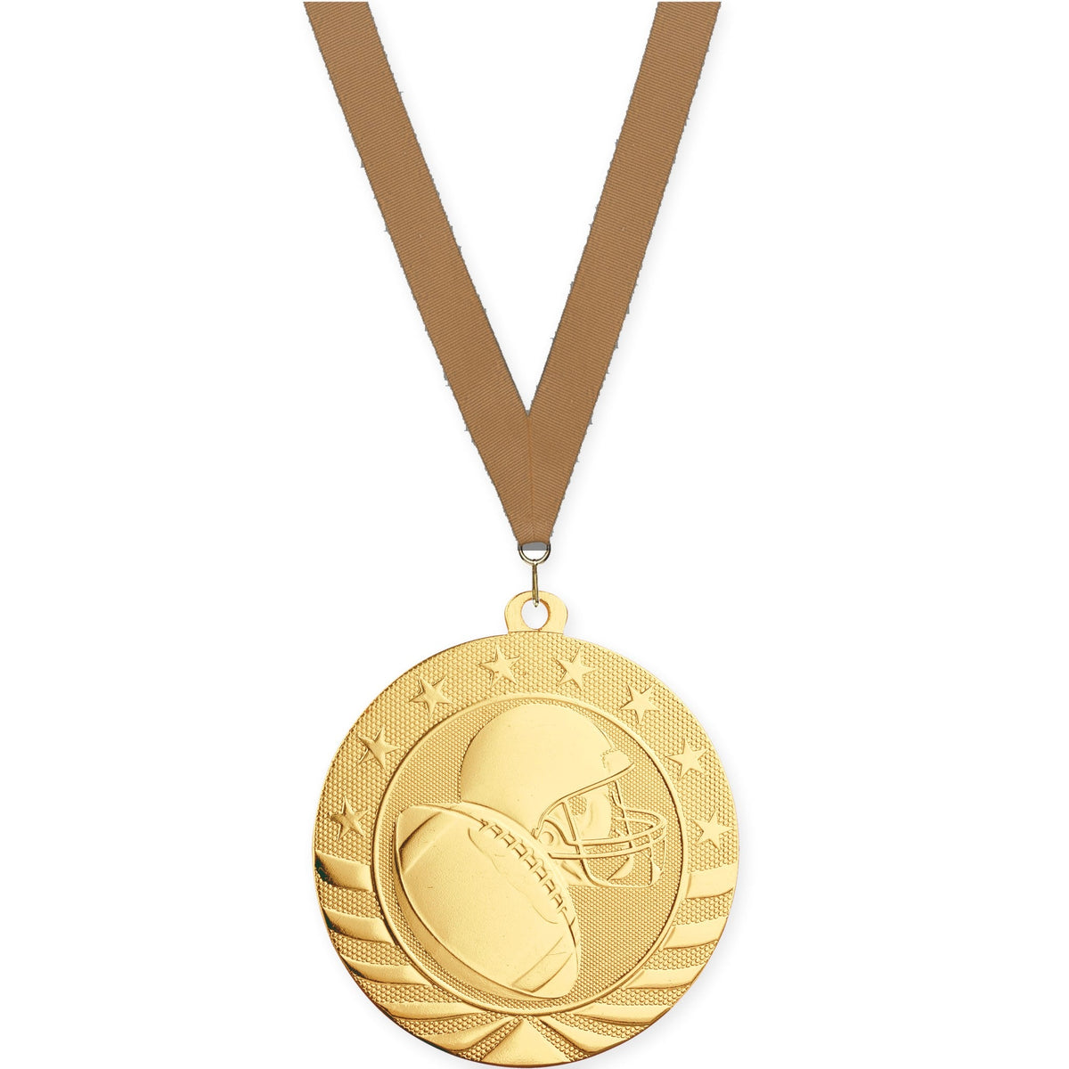 2 3/4 inch football Starbrite medal in bright gold with Bronze Metallic neck ribbon