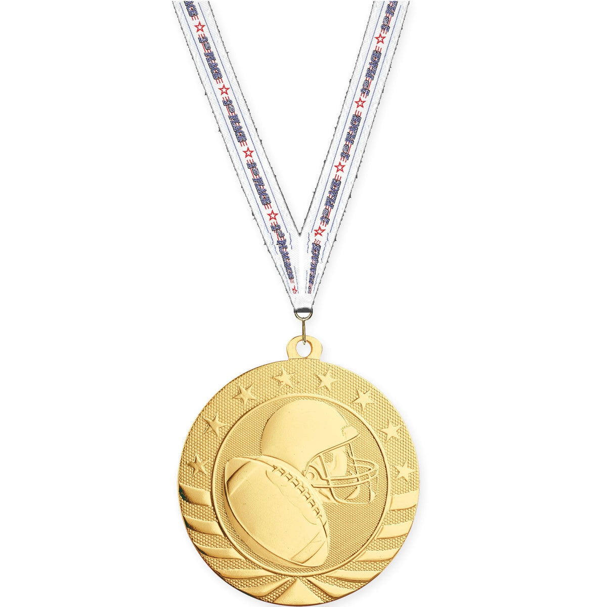 2 3/4 inch football Starbrite medal in bright gold with 2nd Place neck ribbon