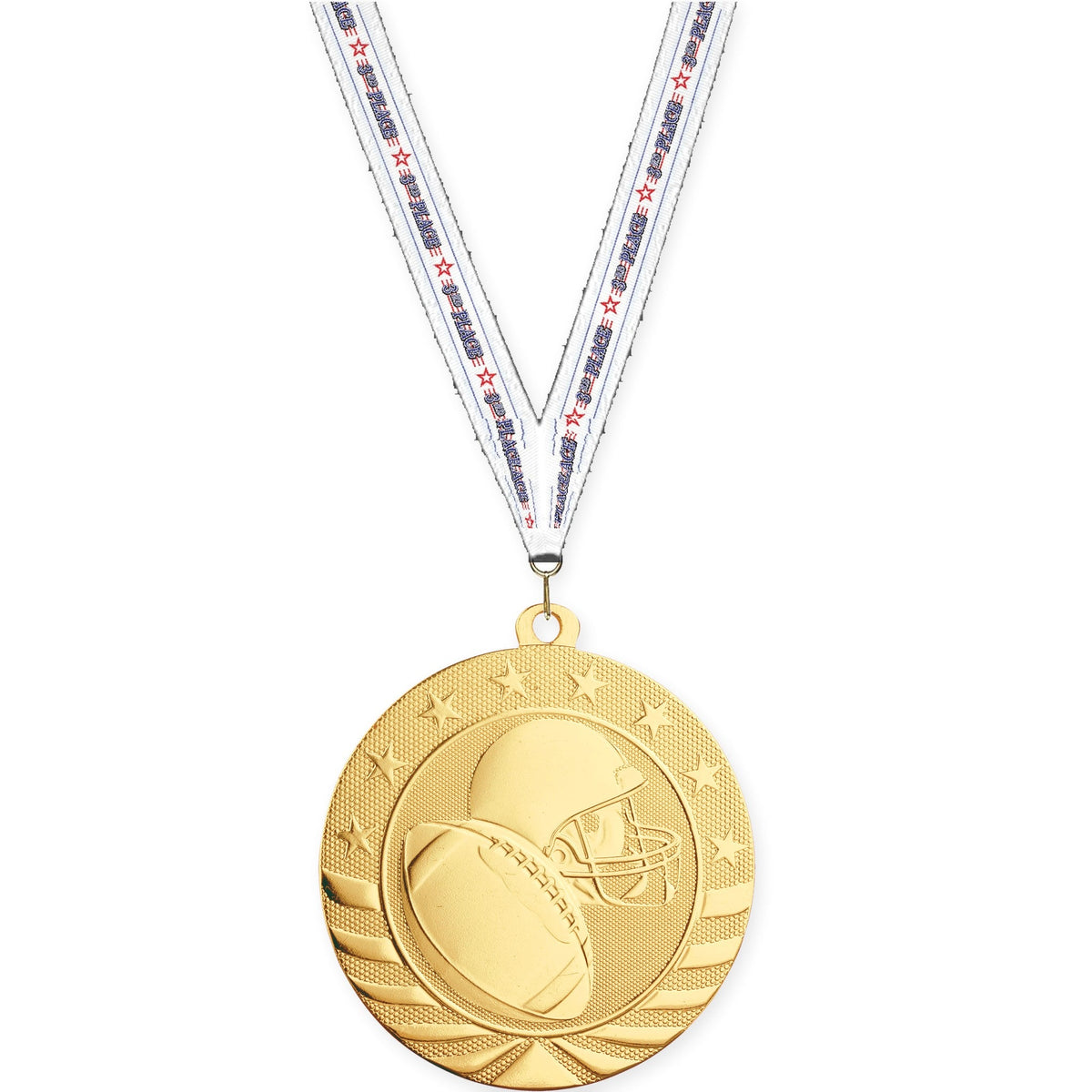2 3/4 inch football Starbrite medal in bright gold with 3rd Place neck ribbon