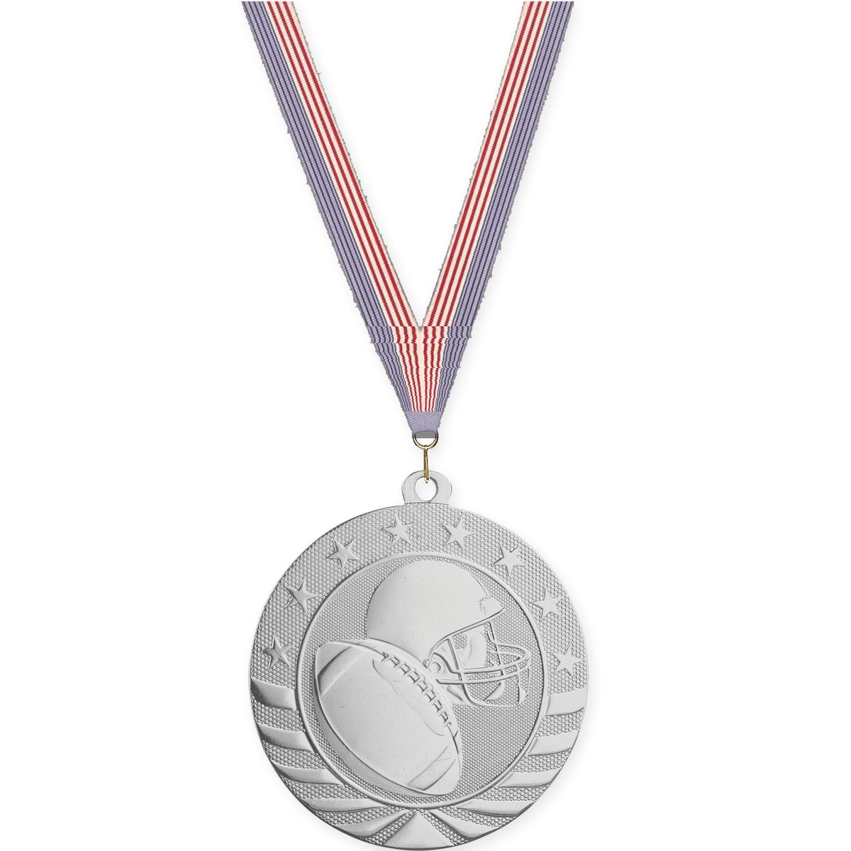 2 3/4 inch football Starbrite medal in bright silver with USA Flag neck ribbon