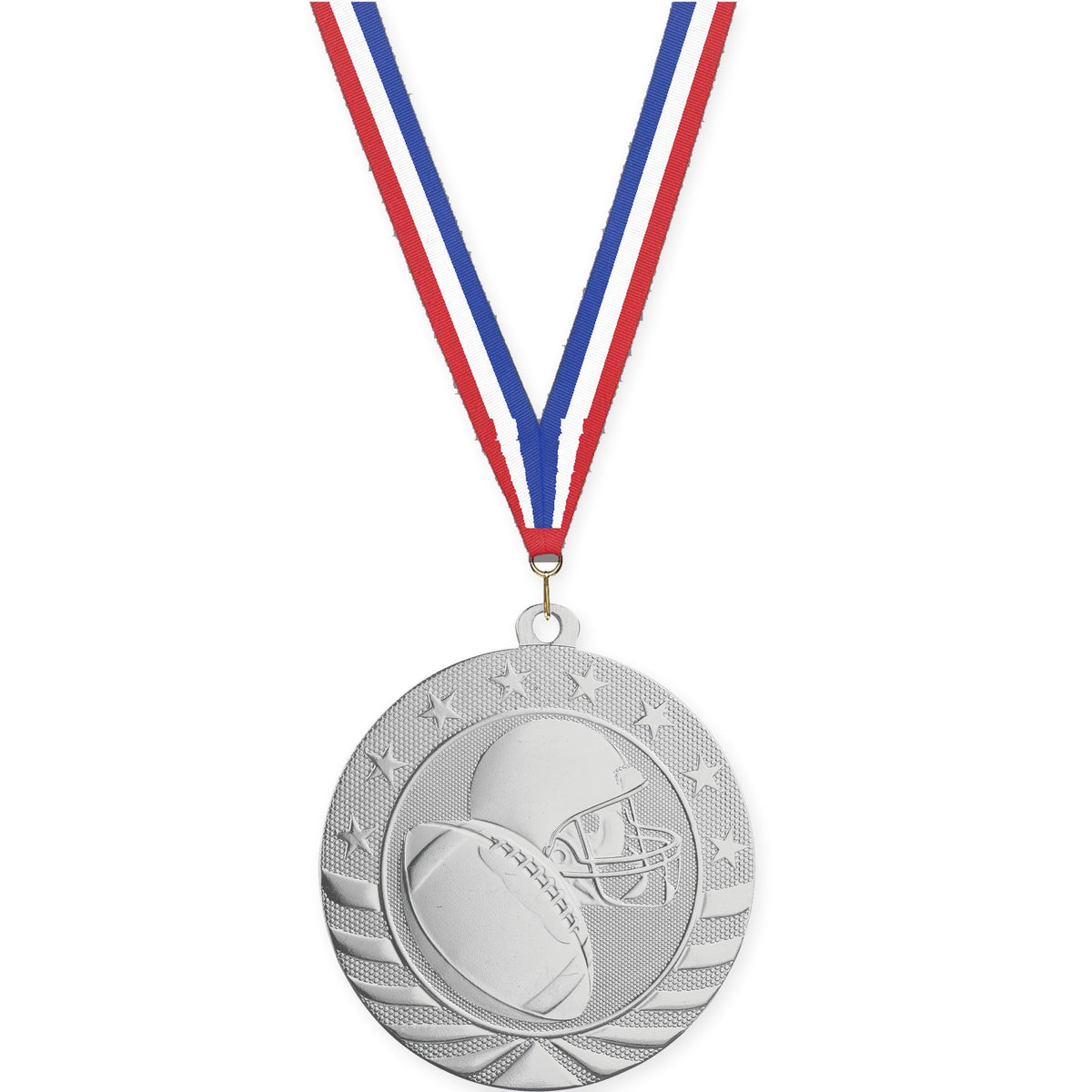 2 3/4 inch football Starbrite medal in bright silver with Red White Blue neck ribbon