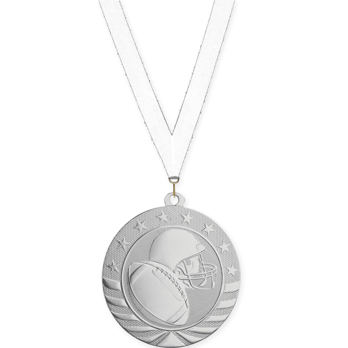 2 3/4 inch football Starbrite medal in bright silver with White neck ribbon