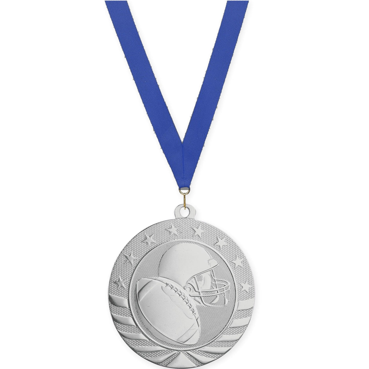 2 3/4 inch football Starbrite medal in bright silver with Blue neck ribbon