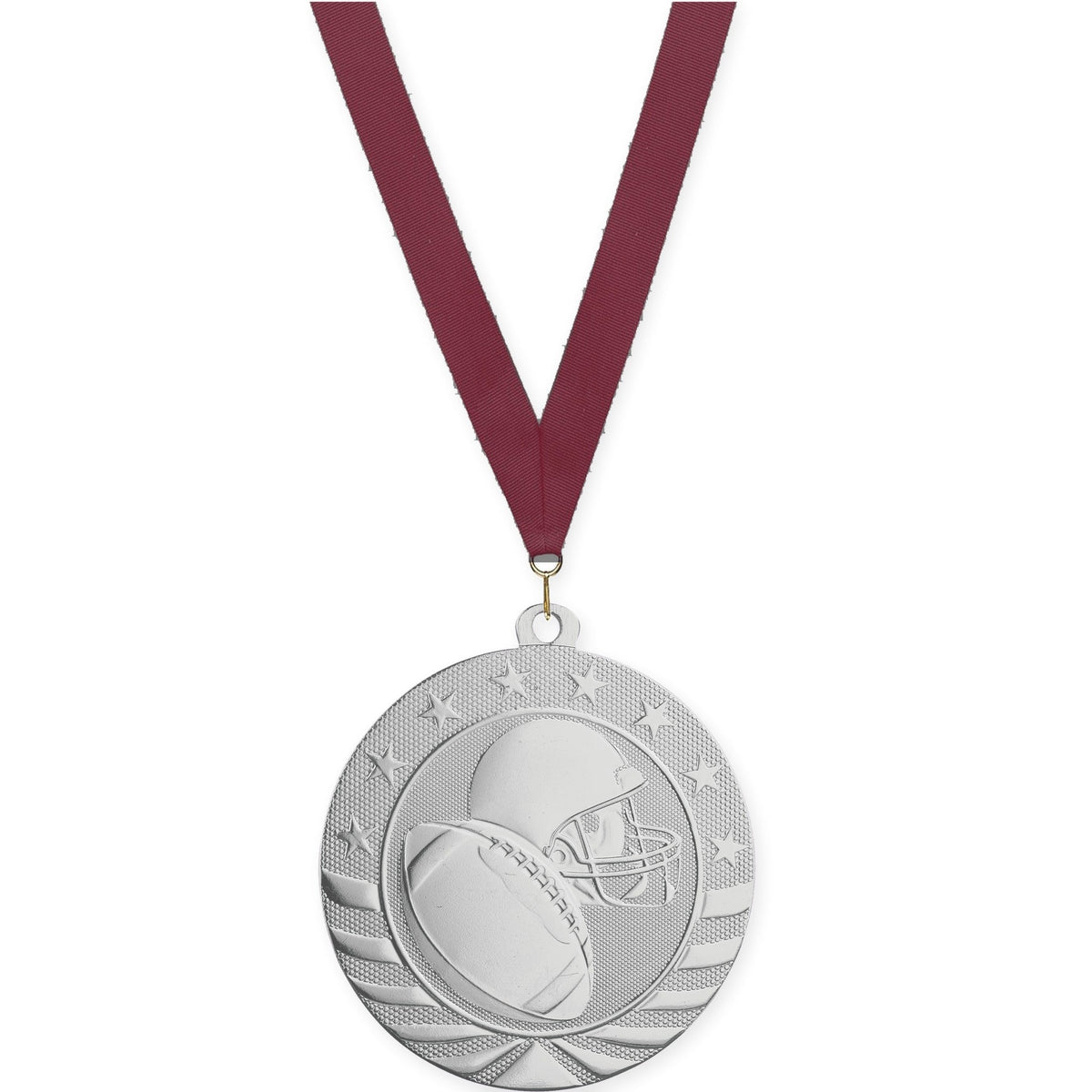 2 3/4 inch football Starbrite medal in bright silver with Maroon neck ribbon