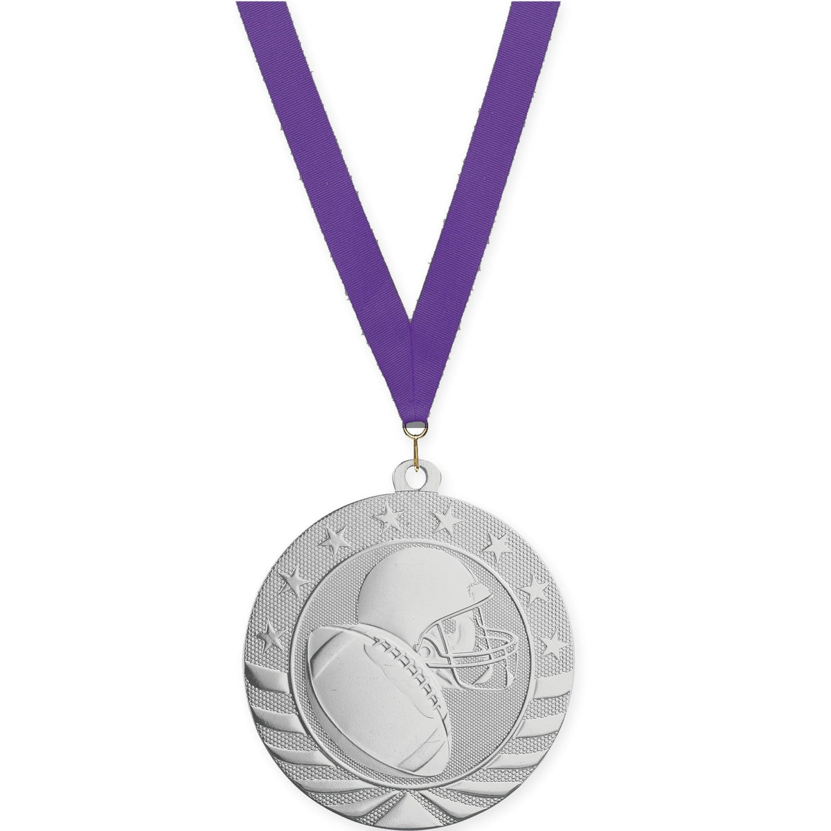 2 3/4 inch football Starbrite medal in bright silver with Purple neck ribbon