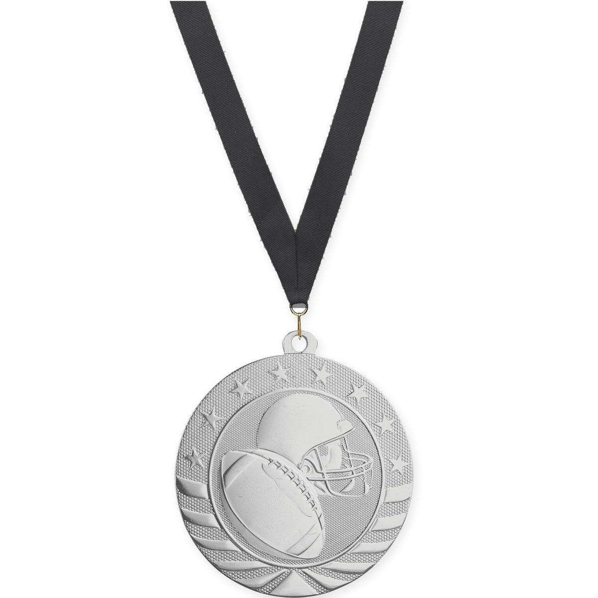 2 3/4 inch football Starbrite medal in bright silver with Black neck ribbon