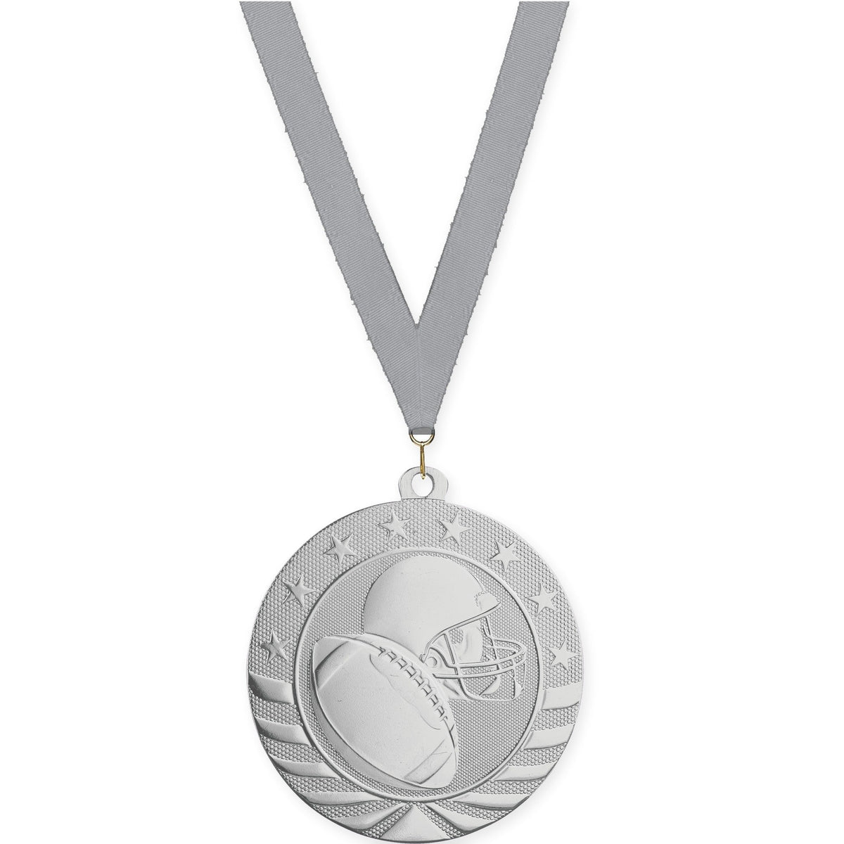 2 3/4 inch football Starbrite medal in bright silver with Gray neck ribbon