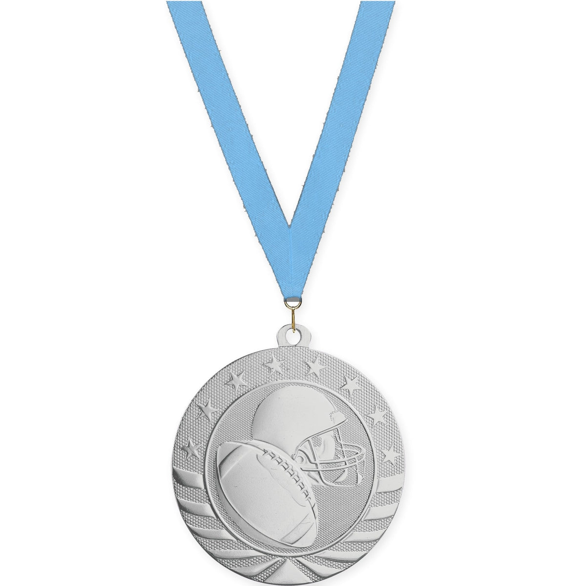 2 3/4 inch football Starbrite medal in bright silver with Light Blue neck ribbon