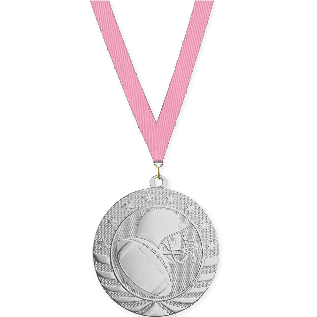 2 3/4 inch football Starbrite medal in bright silver with Pink neck ribbon
