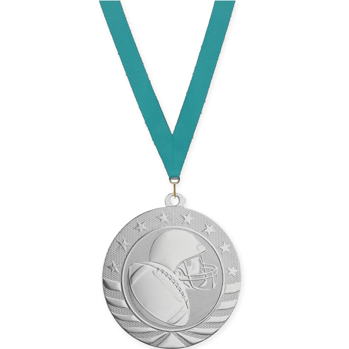 2 3/4 inch football Starbrite medal in bright silver with Teal neck ribbon