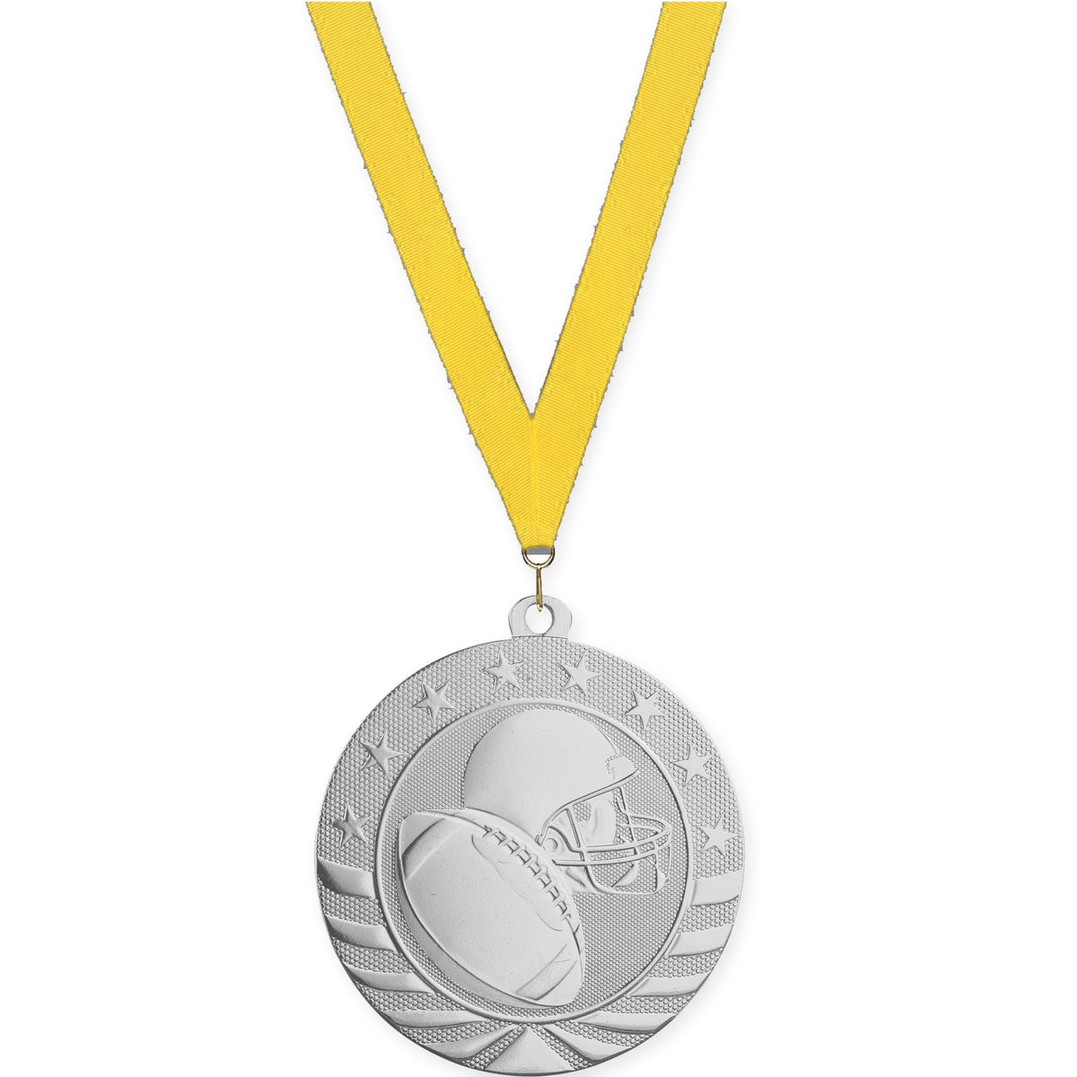 2 3/4 inch football Starbrite medal in bright silver with Yellow neck ribbon