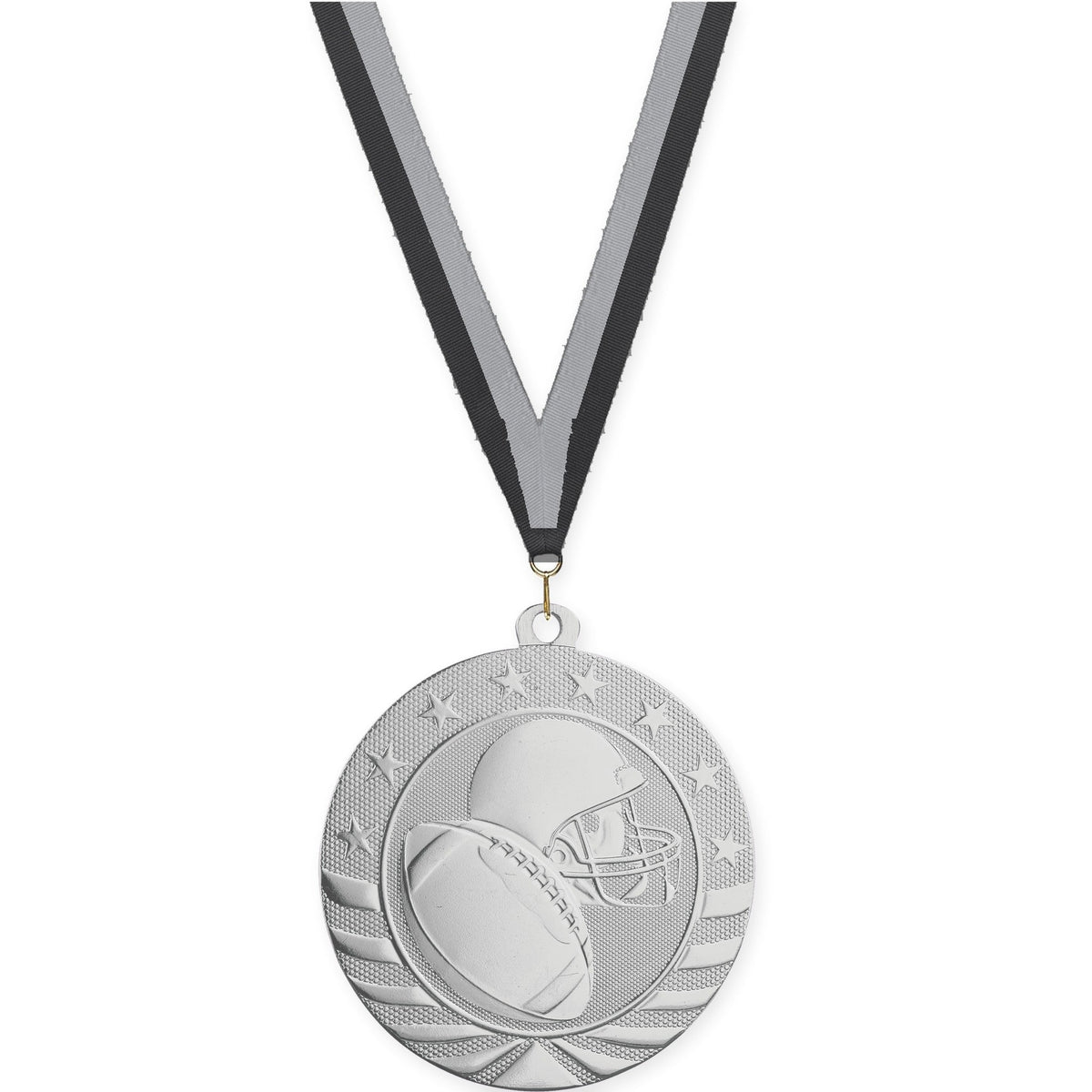 2 3/4 inch football Starbrite medal in bright silver with Black Gray neck ribbon