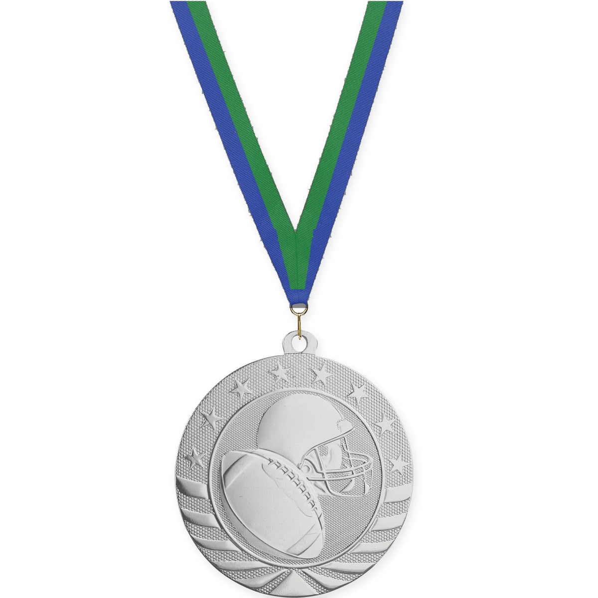2 3/4 inch football Starbrite medal in bright silver with Blue Green neck ribbon
