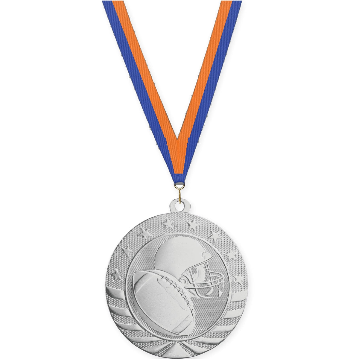 2 3/4 inch football Starbrite medal in bright silver with Blue Orange neck ribbon