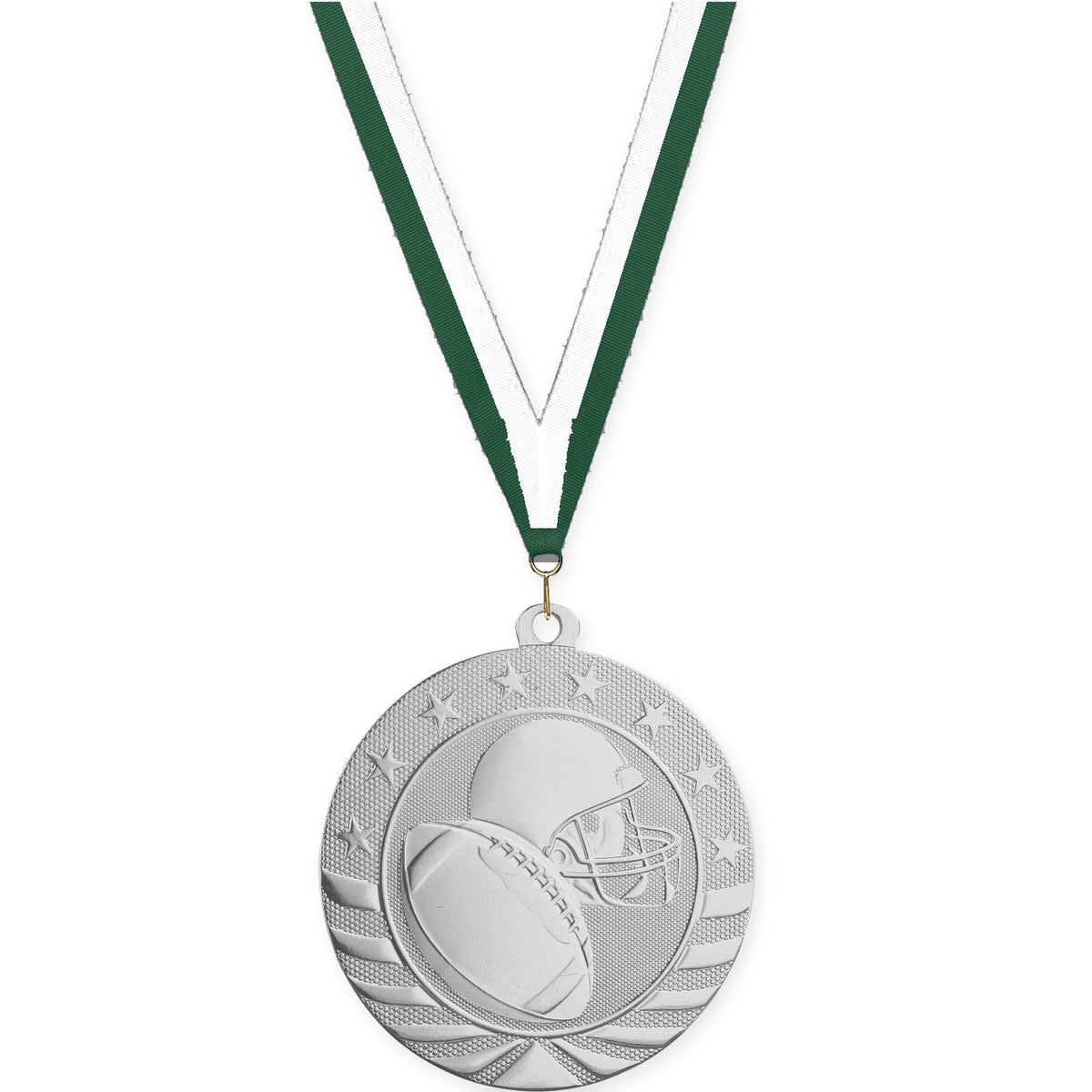 2 3/4 inch football Starbrite medal in bright silver with Hunter Green White neck ribbon