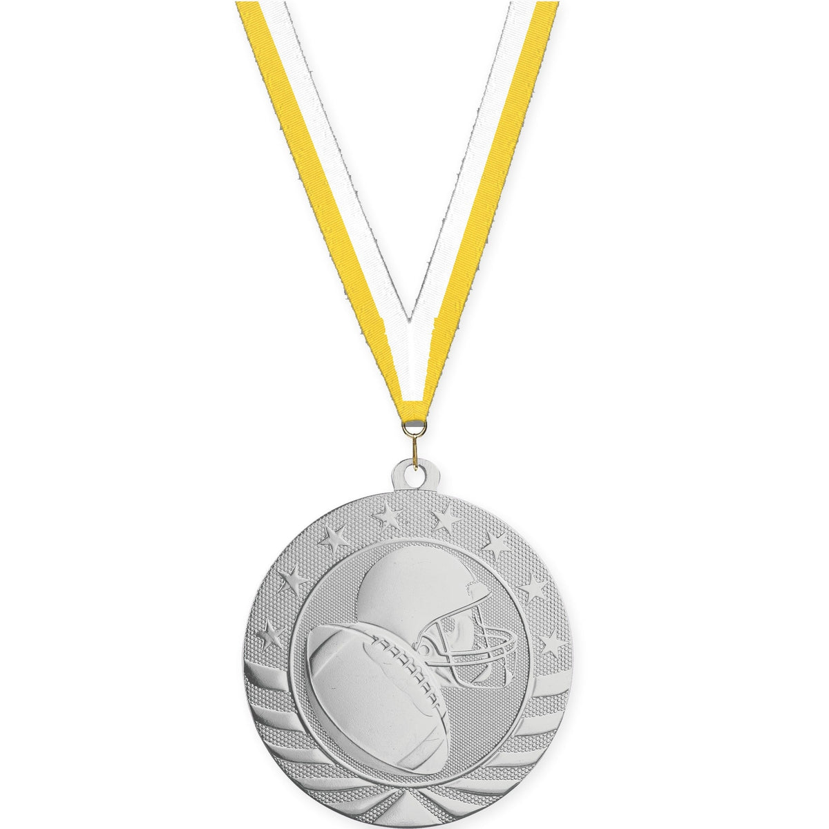 2 3/4 inch football Starbrite medal in bright silver with Yellow White neck ribbon