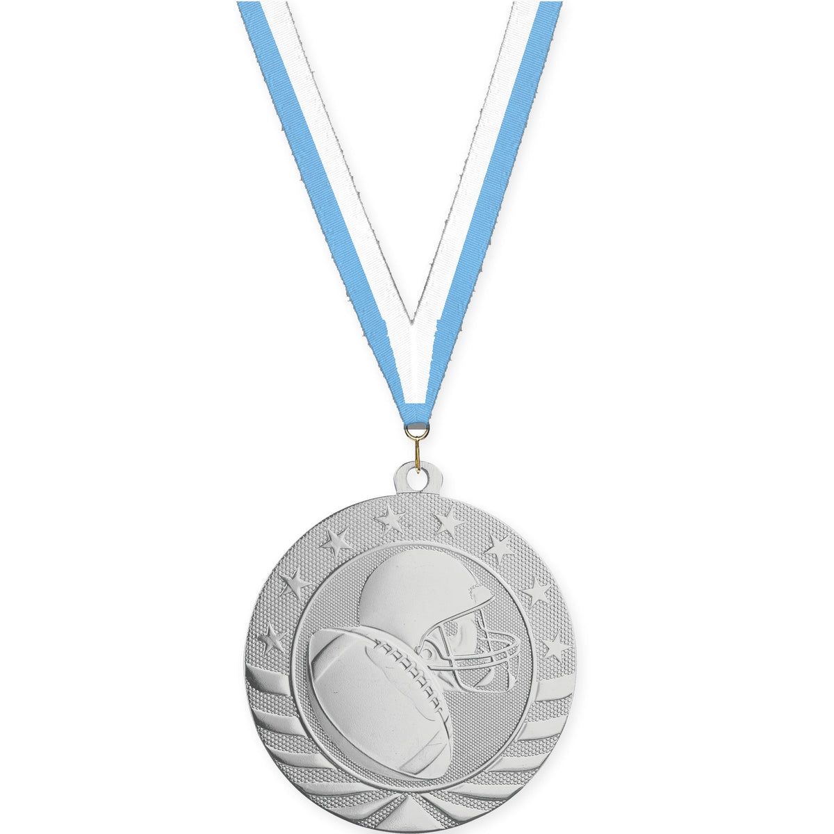 2 3/4 inch football Starbrite medal in bright silver with Light Blue White neck ribbon