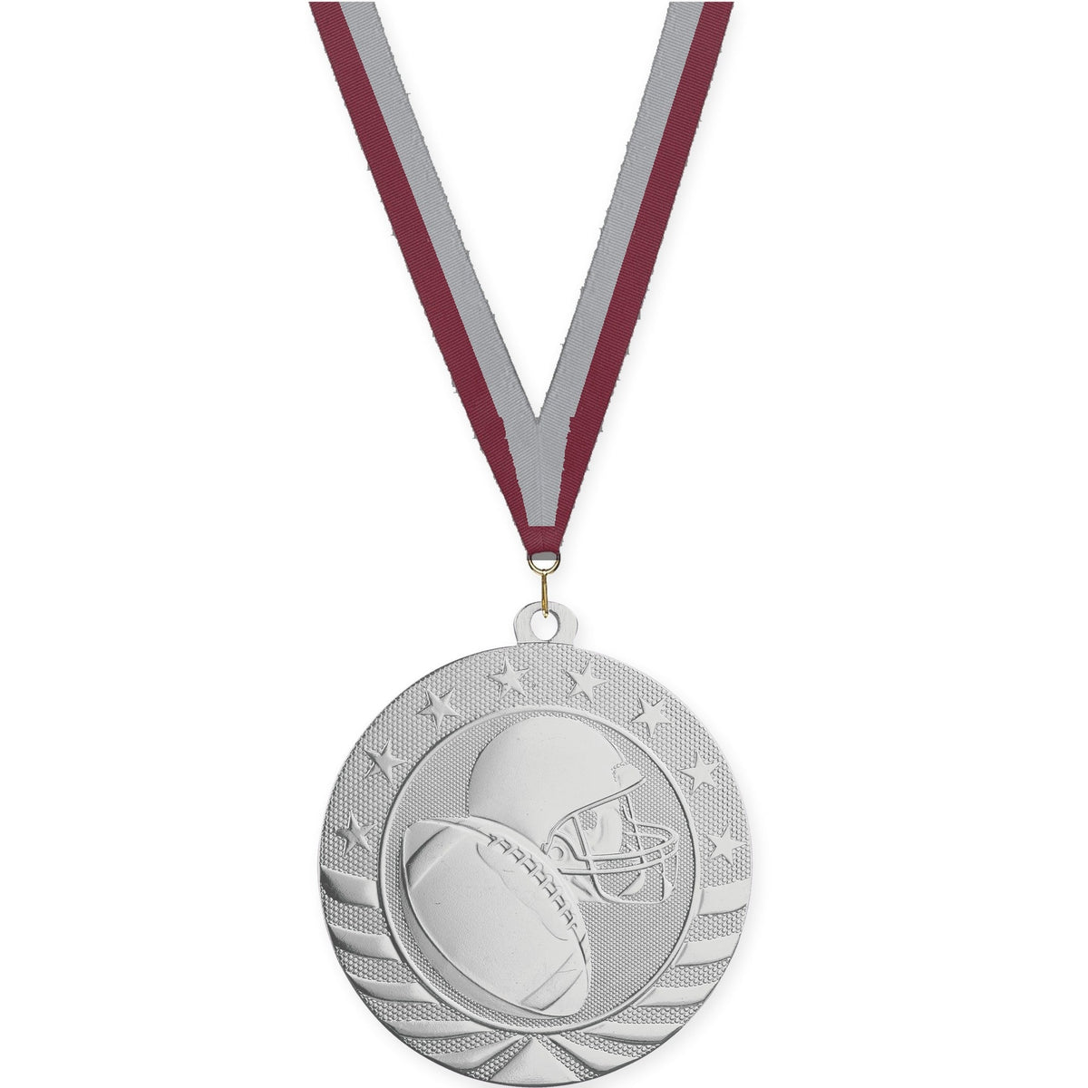 2 3/4 inch football Starbrite medal in bright silver with Maroon Gray neck ribbon