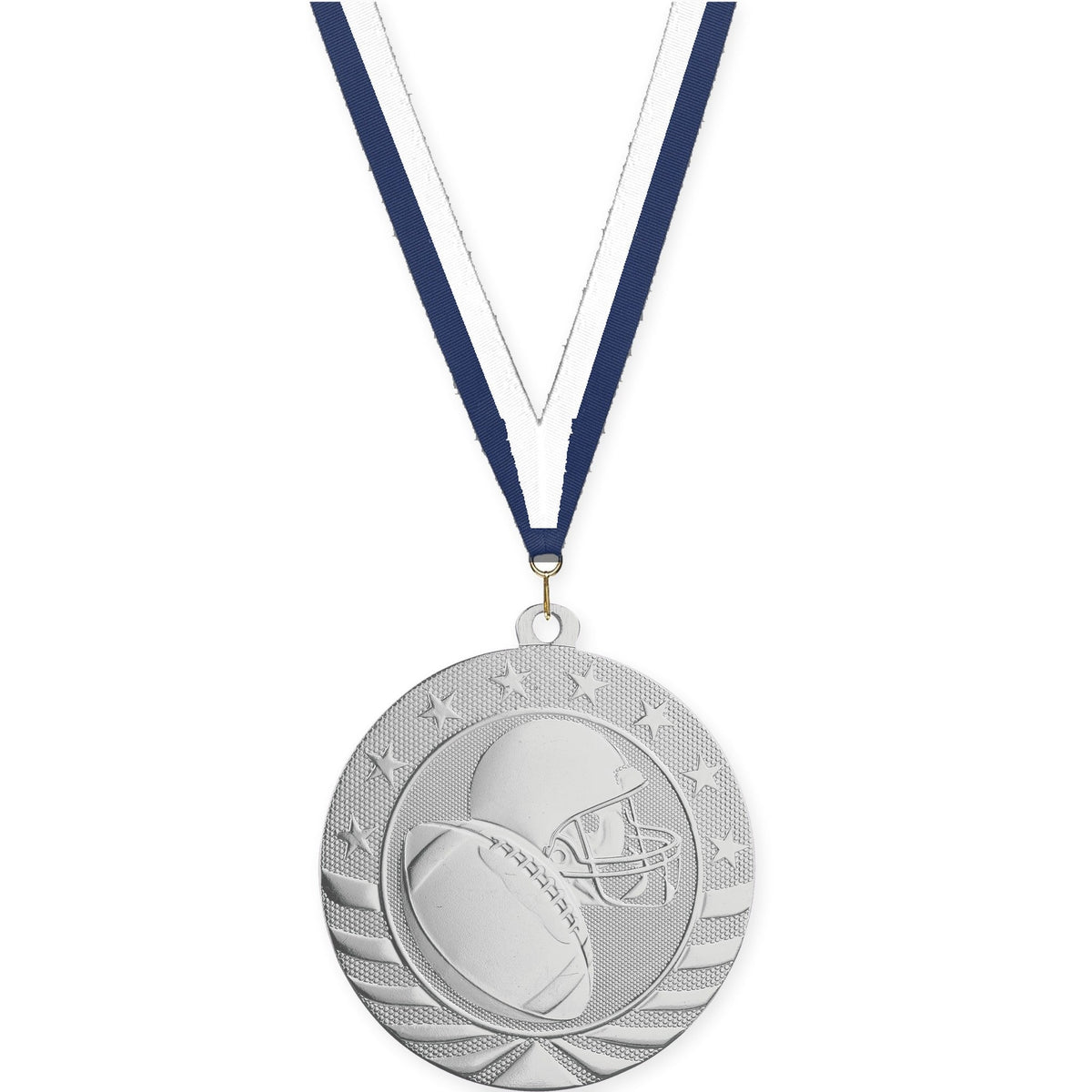 2 3/4 inch football Starbrite medal in bright silver with Navy White neck ribbon
