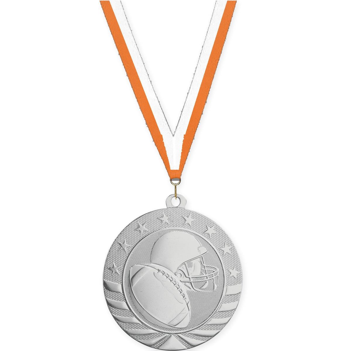 2 3/4 inch football Starbrite medal in bright silver with Orange White neck ribbon