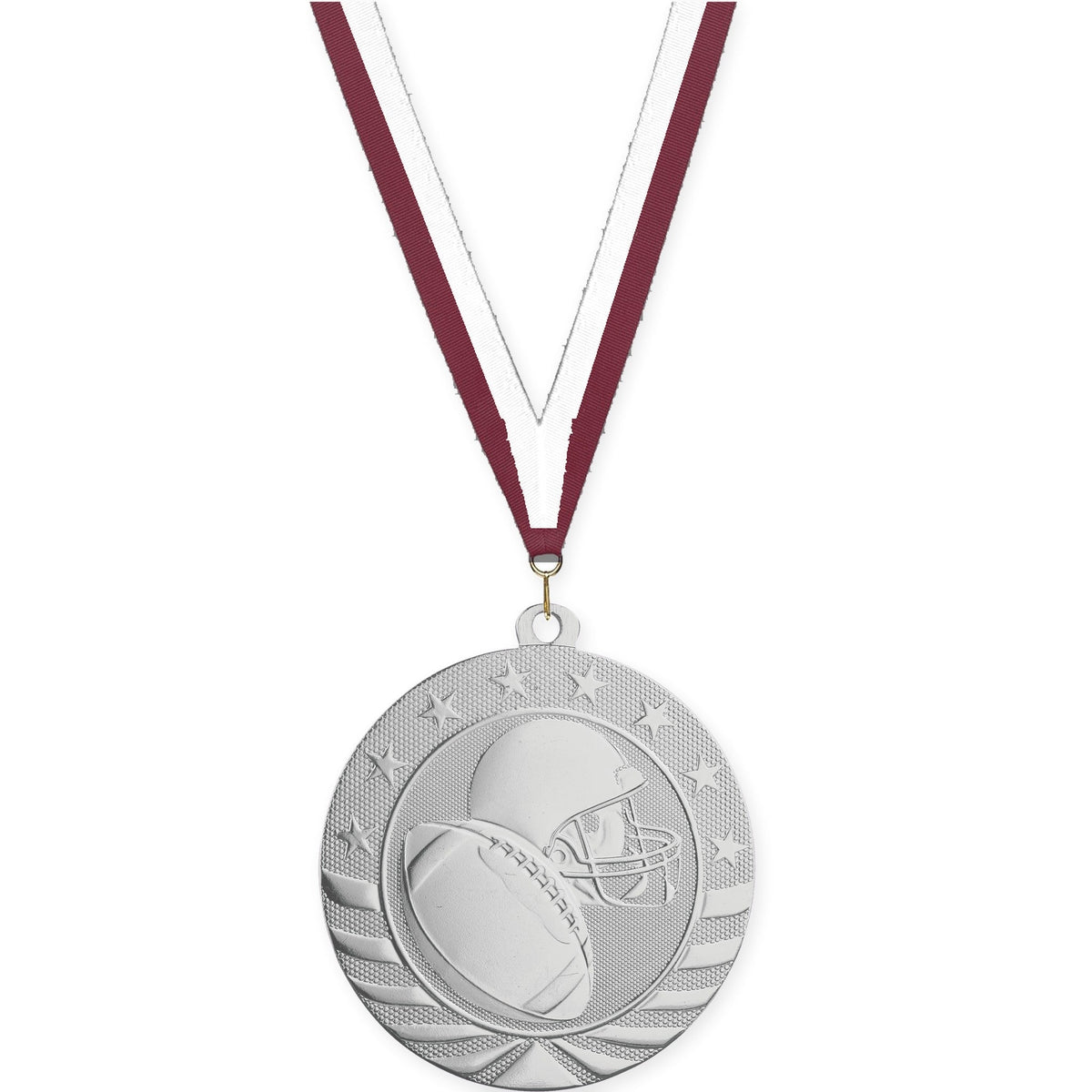 2 3/4 inch football Starbrite medal in bright silver with Maroon White neck ribbon