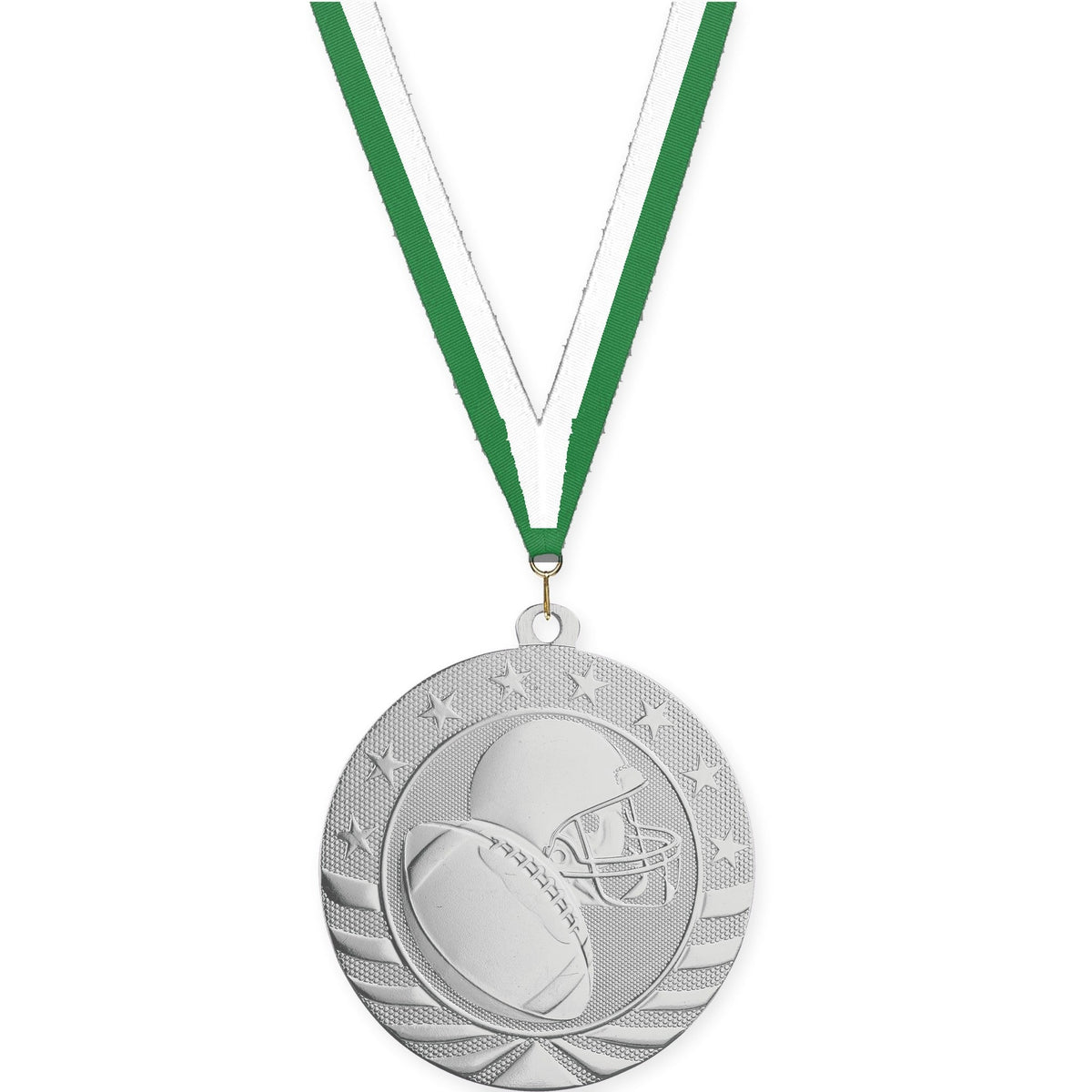 2 3/4 inch football Starbrite medal in bright silver with Green White neck ribbon