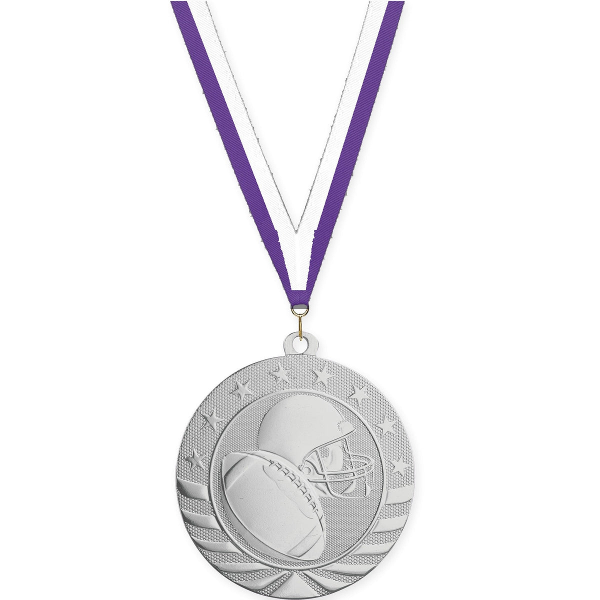 2 3/4 inch football Starbrite medal in bright silver with Purple White neck ribbon